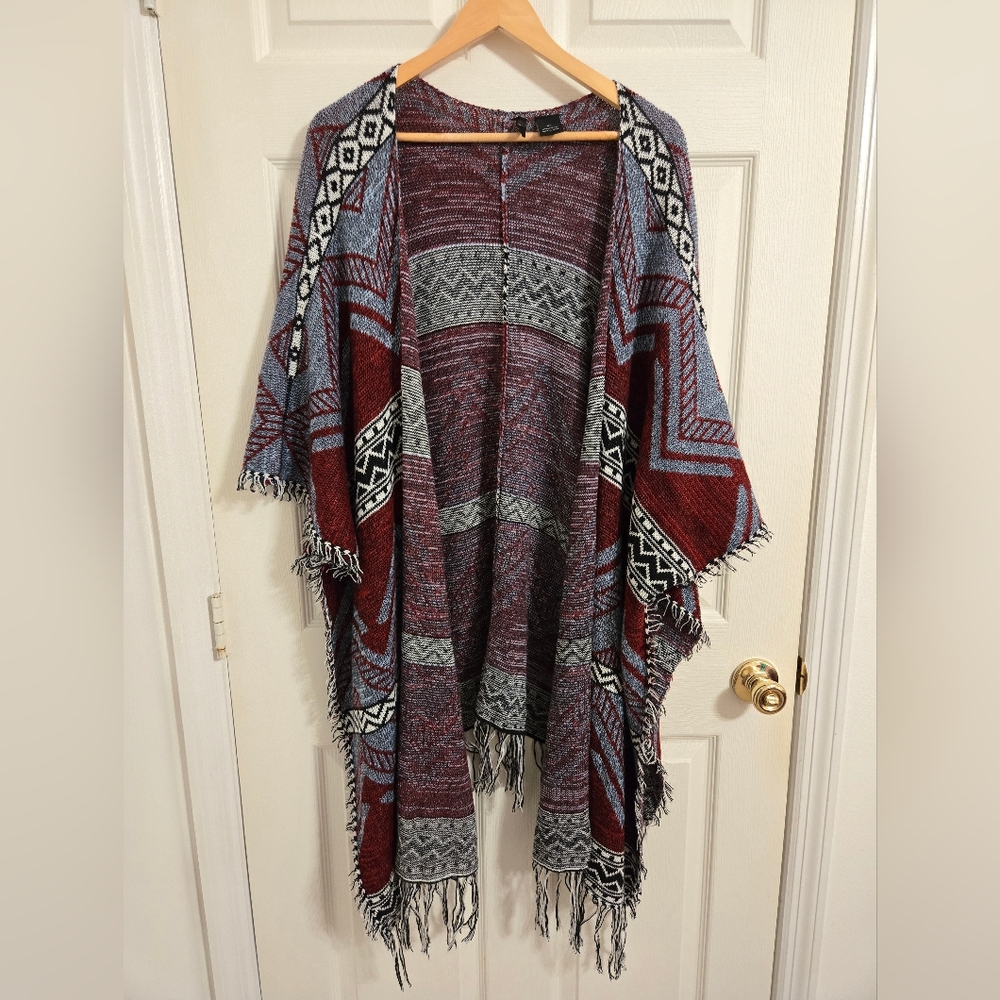 New Directions Red , Black And White  Patterned Poncho Duster Open Front Size 2X